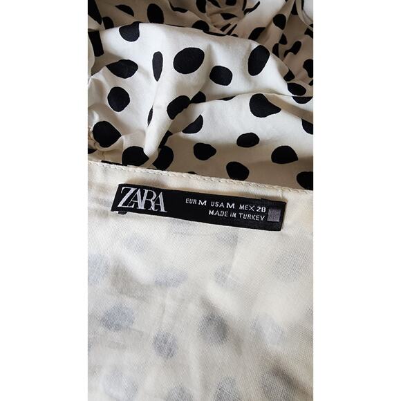 Zara Ruched Polka Dot Puff Sleeve Mini Dress Milkmaid Ivory & Black Dots Medium - Picture 10 of 10